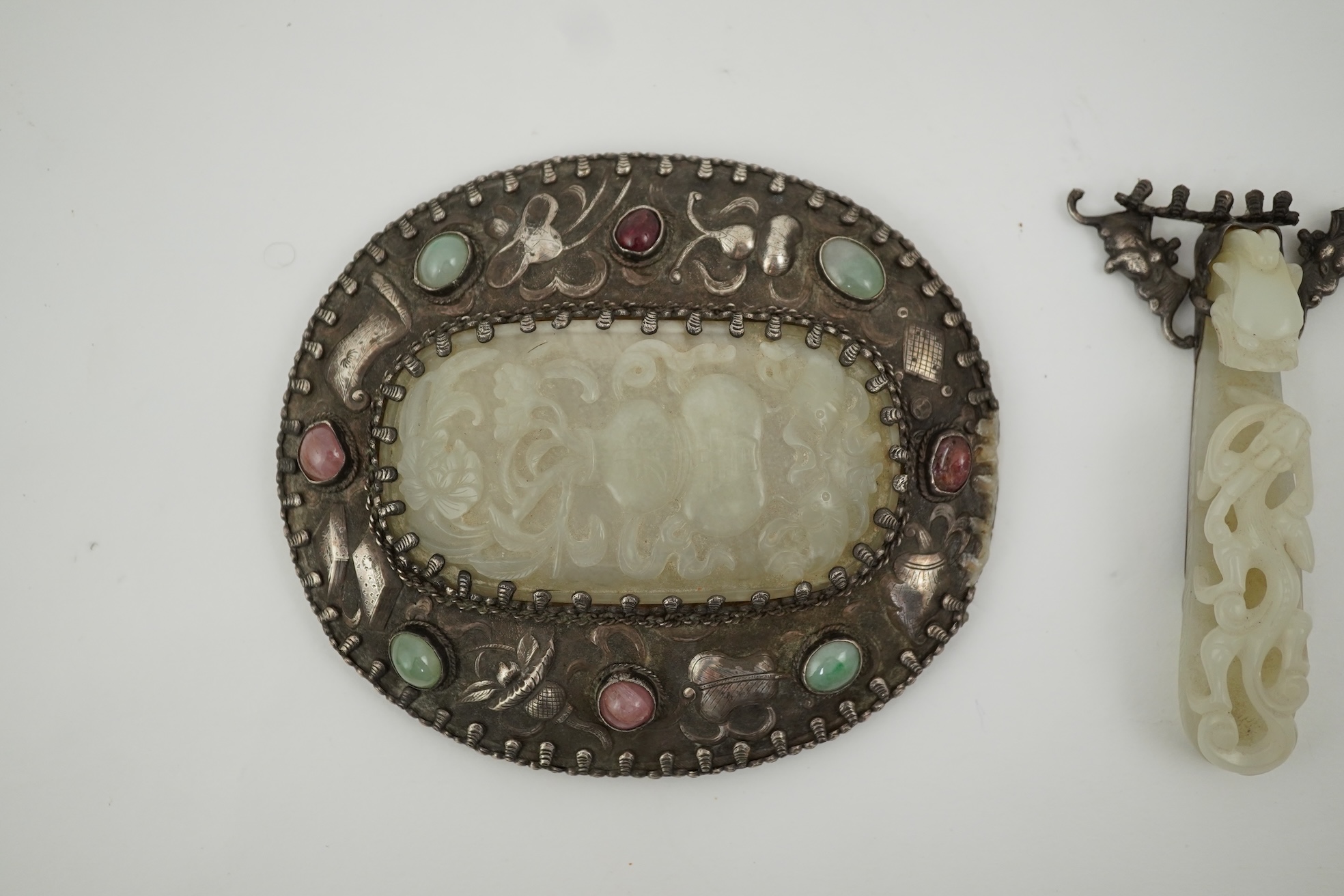A Chinese jade and cabochon mounted hand mirror, the jade 18th/19th century